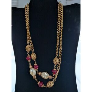 1928 Jewelry Co Vintage Gold Tone Double Strand Ruby Red Faux Pearl Necklace 20"